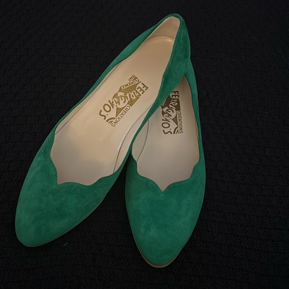 Green suede Ferragamo Collections Turchina loafers, from the Archive